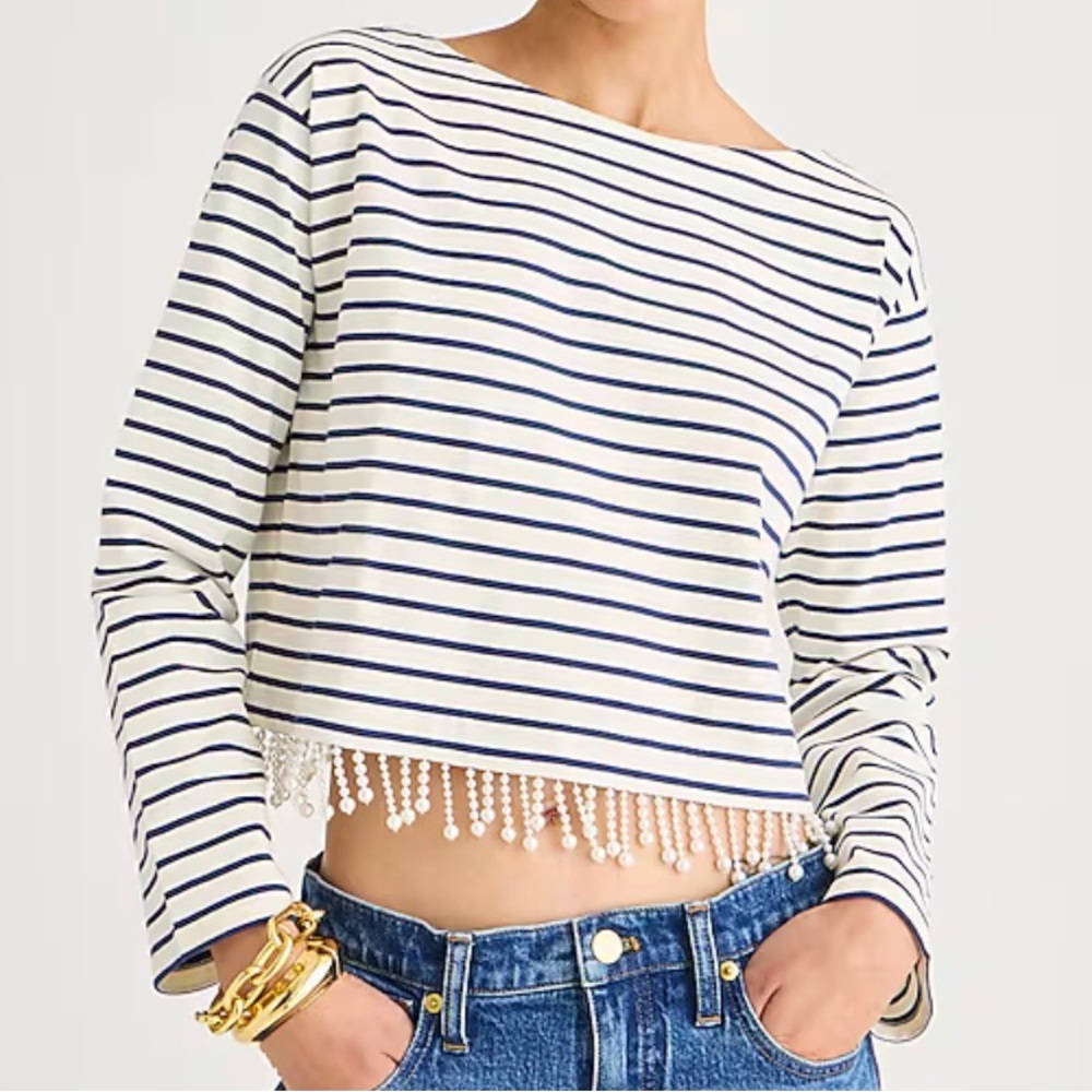 NWT J. Crew Mariner Cropped Striped Pearl Embellished Fringe top, Medium